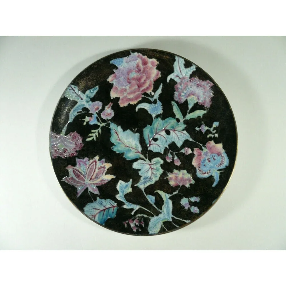 Decorative Handpainted Chinese Plate Black with Gold & Flowers 10¼